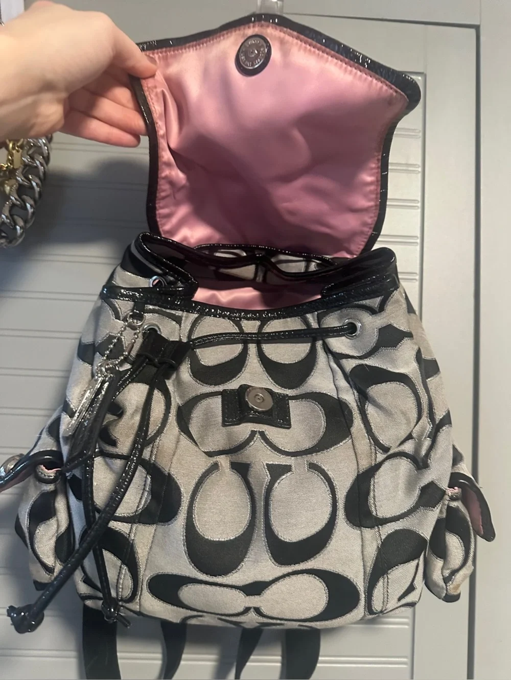 Coach Y2K Poppy Sig. Sateen Lurex Outline Flap Drawstring Backpack MSRP: $278